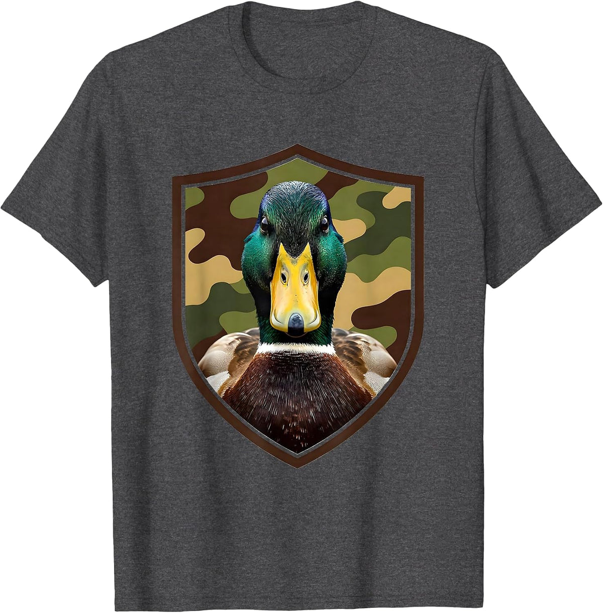 Men's Mallard Duck Shield Camo Hunting Youth Humor T-Shirt - Dark Heather Grey