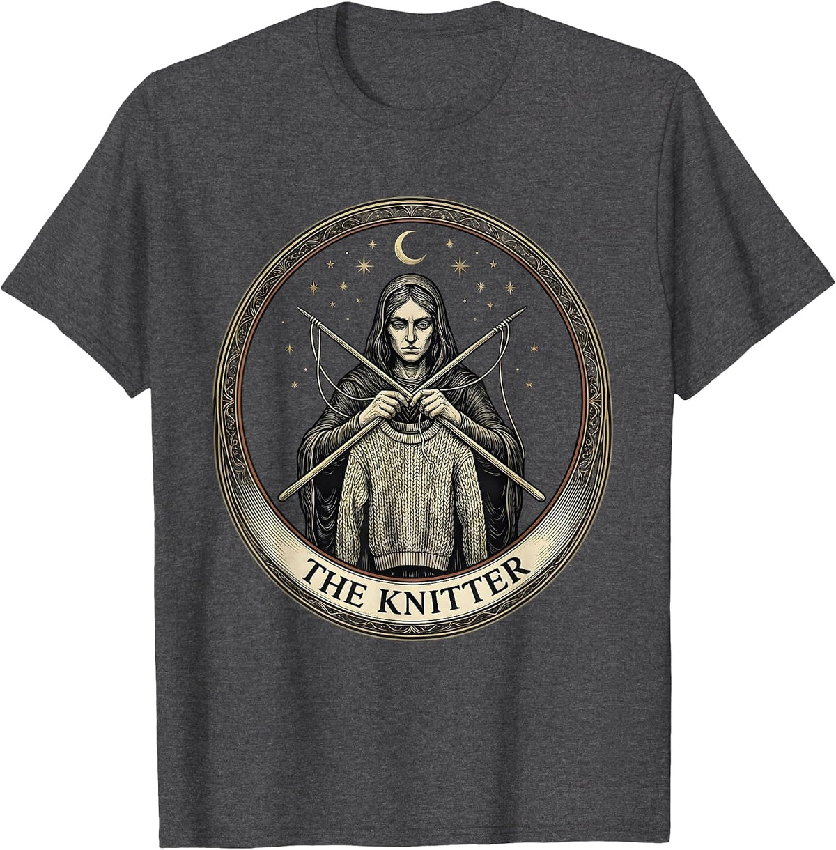 Men's THE KNITTER Emblem Funny Tarot Card Knitting Hobby Humor T-Shirt - Dark Heather Grey