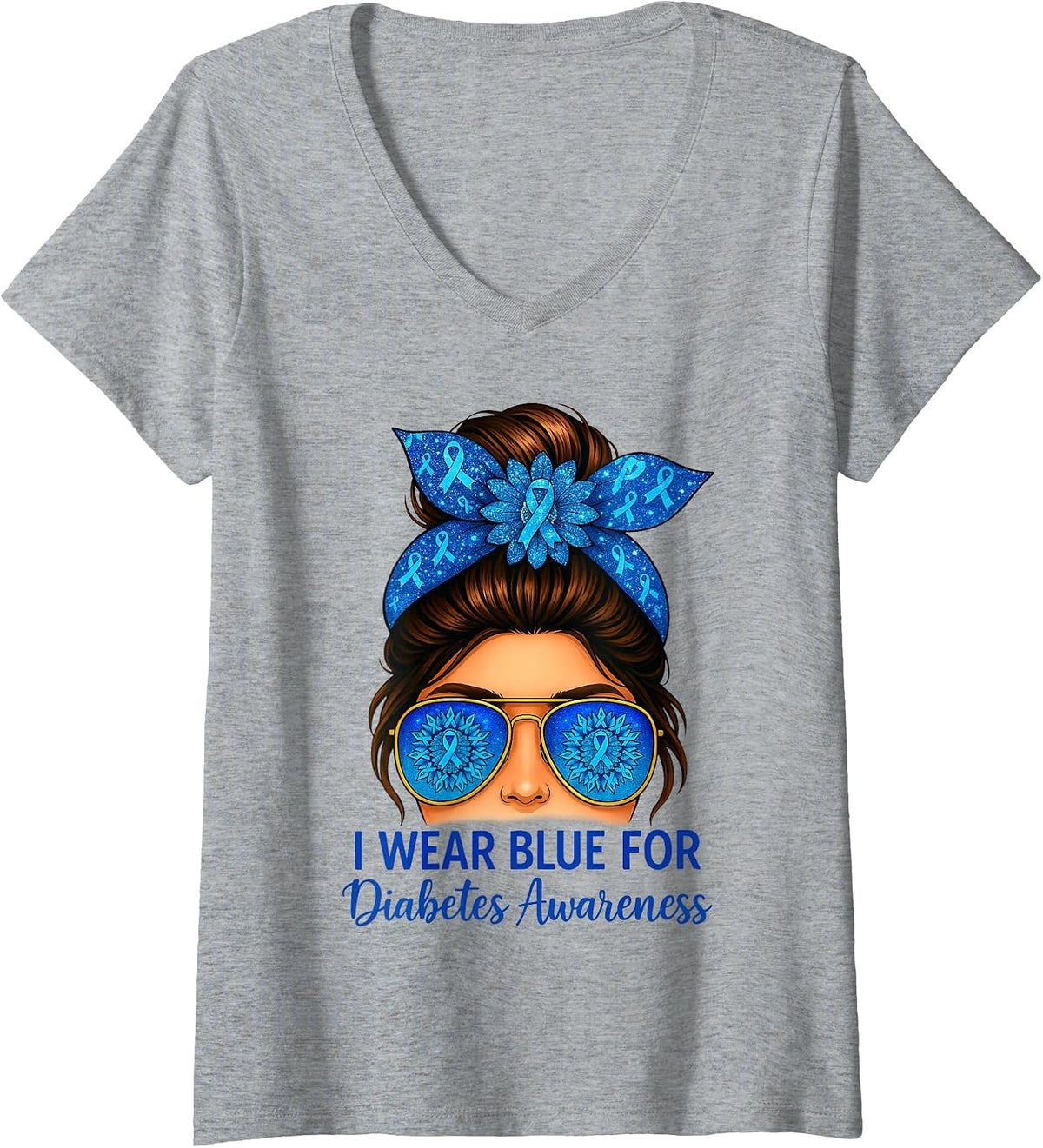Women's I Wear Blues for Diabetes Awareness Blue Ribbon Messy Bun V-Neck T-Shirt - Heather Grey