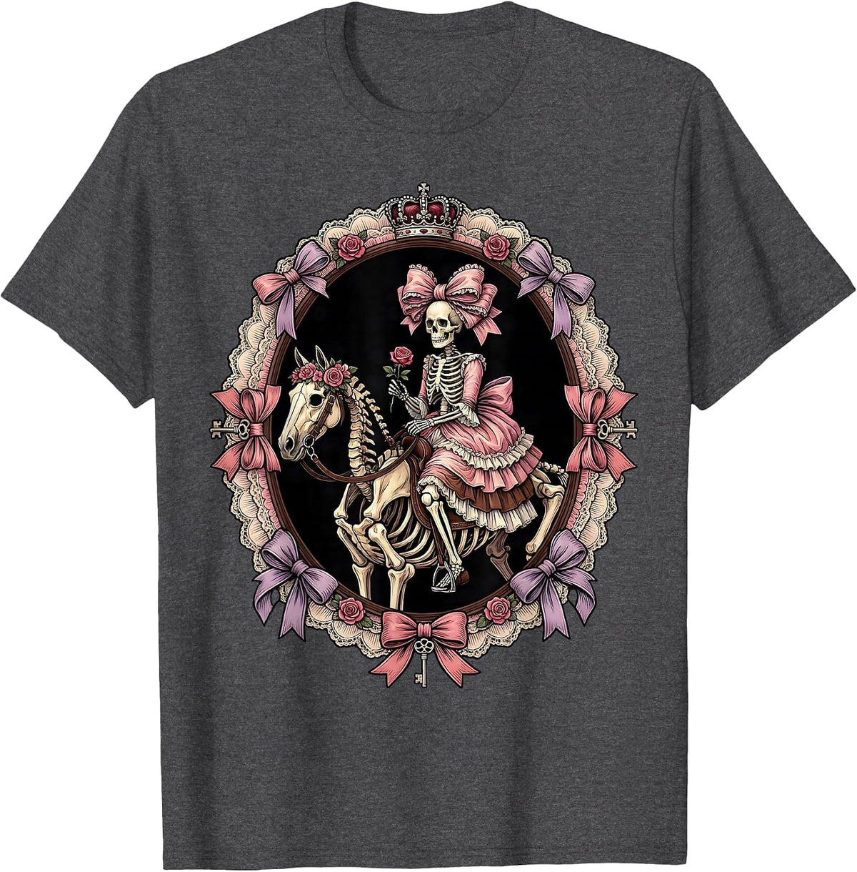 Skeleton Riding Side-Saddle on Horseback T-Shirt - Dark Heather Grey