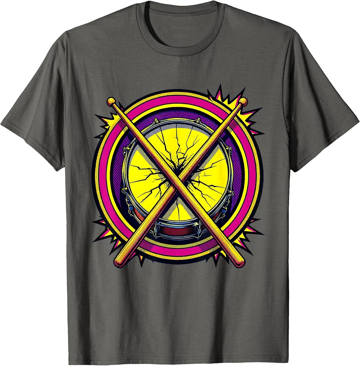 80s Rock Crossed Drumsticks Cracked Snare Drum T-Shirt - Asphalt Grey