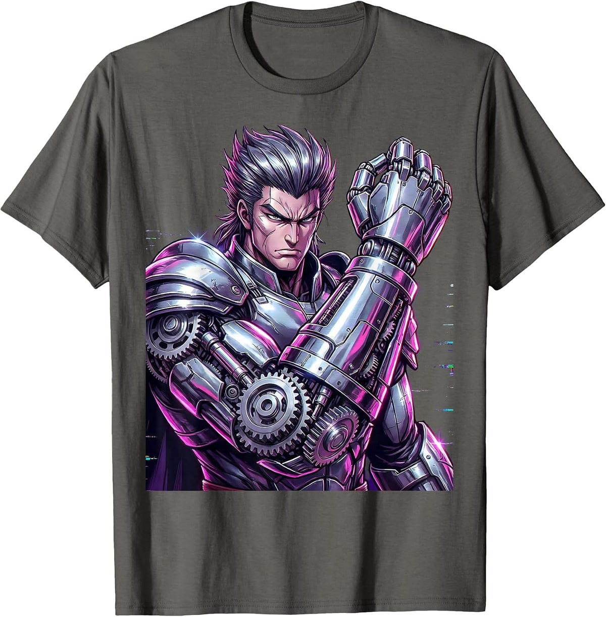 Steampunk Warrior Prosthetic Gear Arm Anime Art T-Shirt - Asphalt Grey