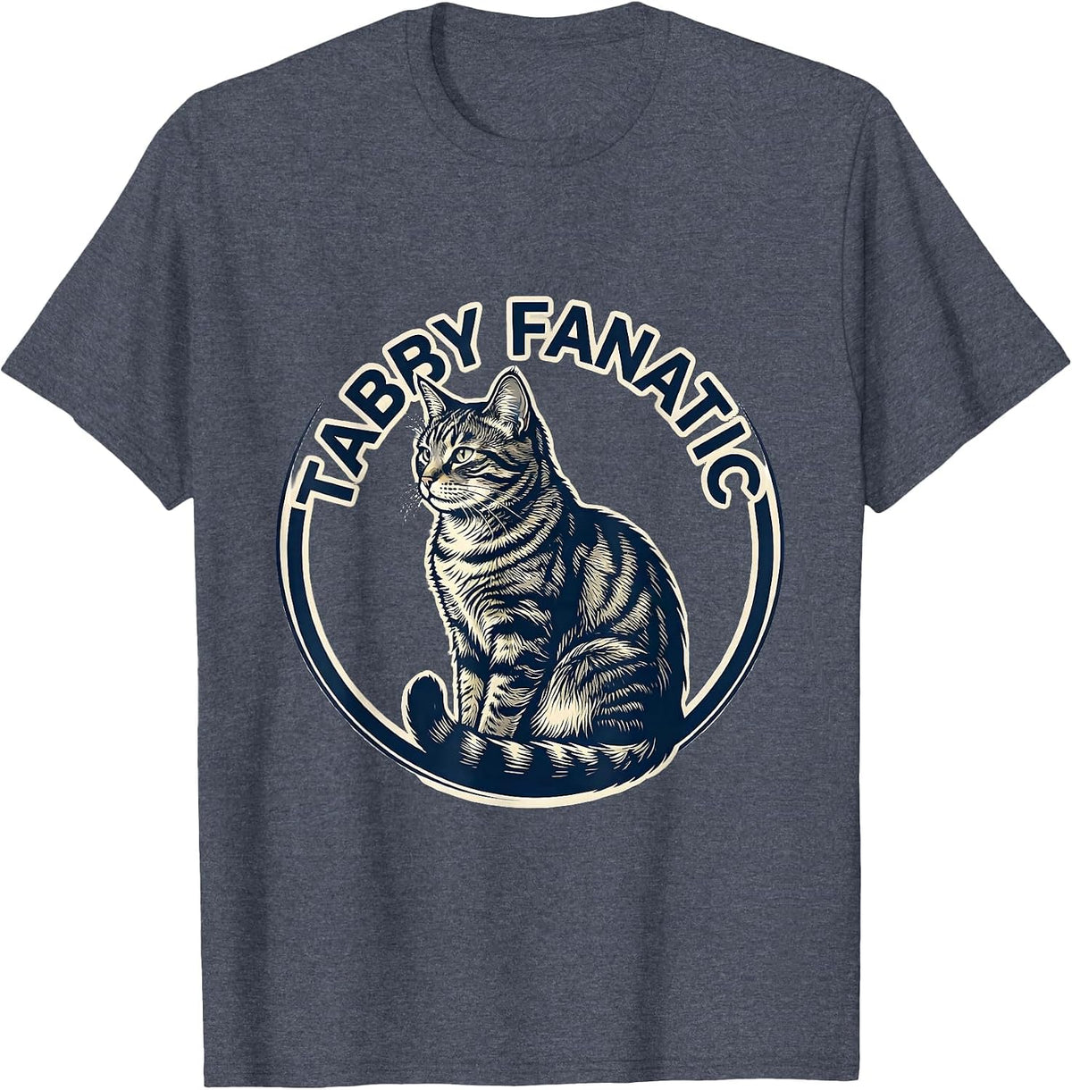 Tabby Fanatic Minimalist Badge Patch Line Art Cat Lover T-Shirt - Heather Blue