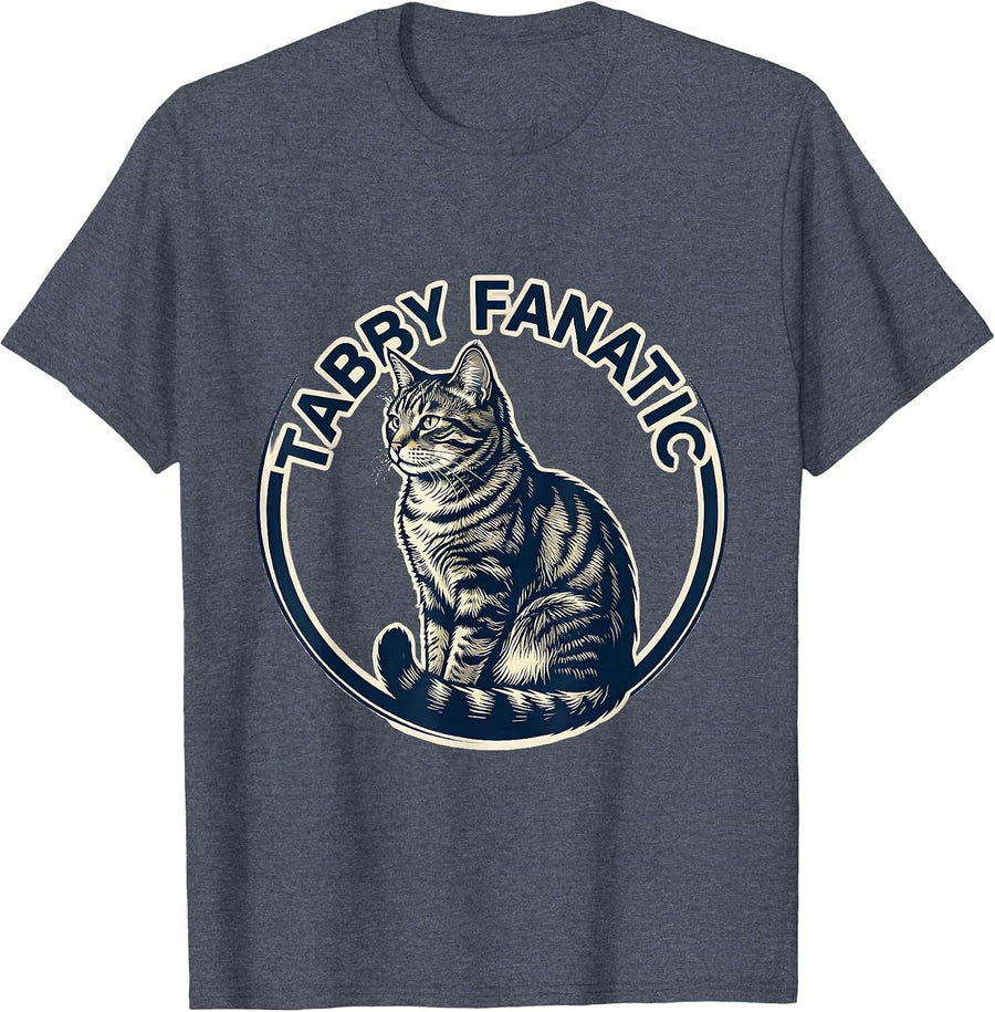 Tabby Fanatic Minimalist Badge Patch Line Art Cat Lover T-Shirt - Heather Blue