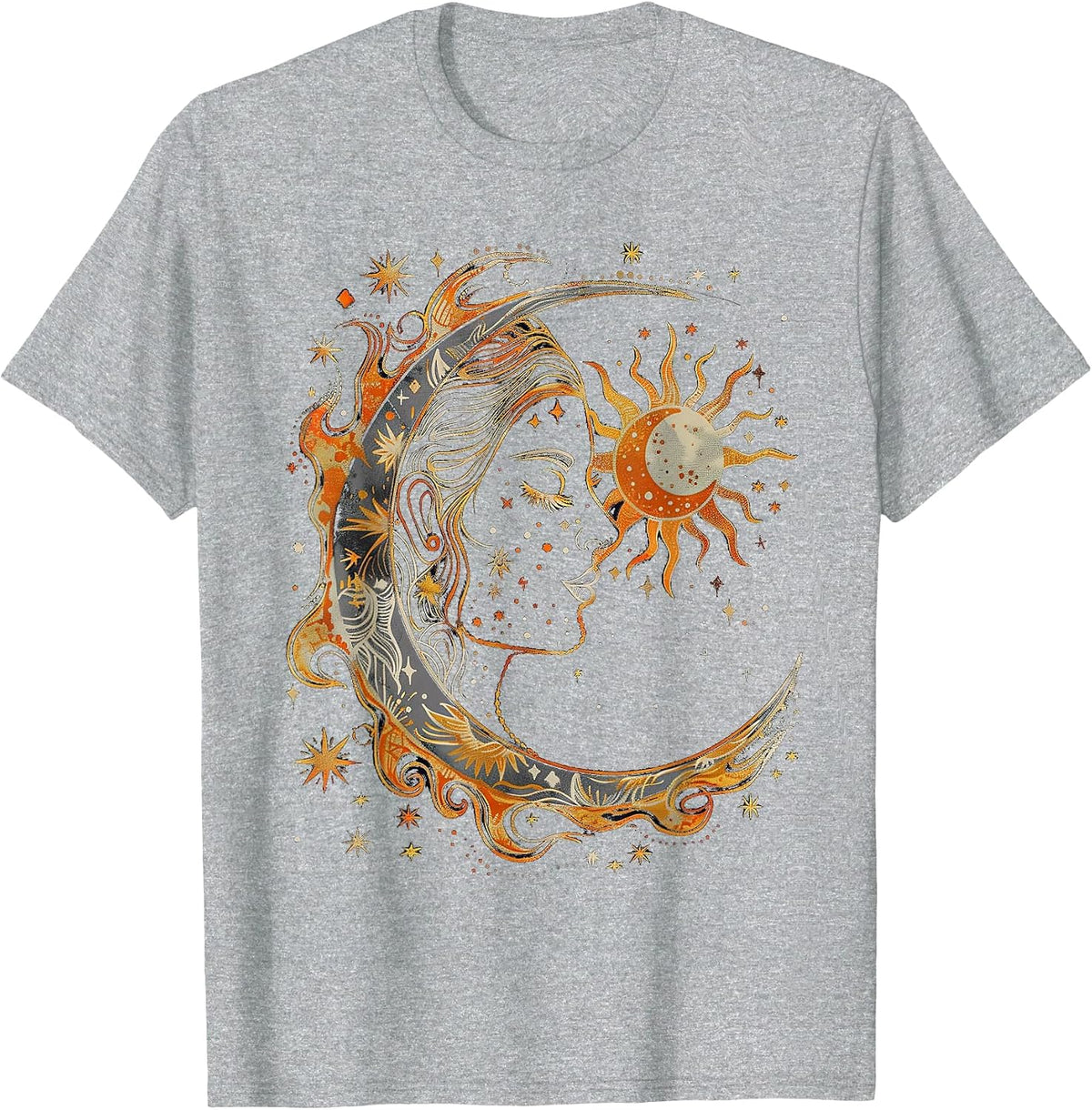 Mystical Sun and Moon with Woman Mystical Flowers Aesthetic T-Shirt - Heather Grey