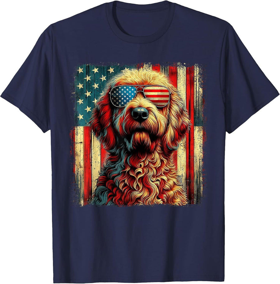 Goldendoodle 4th of July USA Patriotic Dog Golden Doodle T-Shirt - Navy Blue