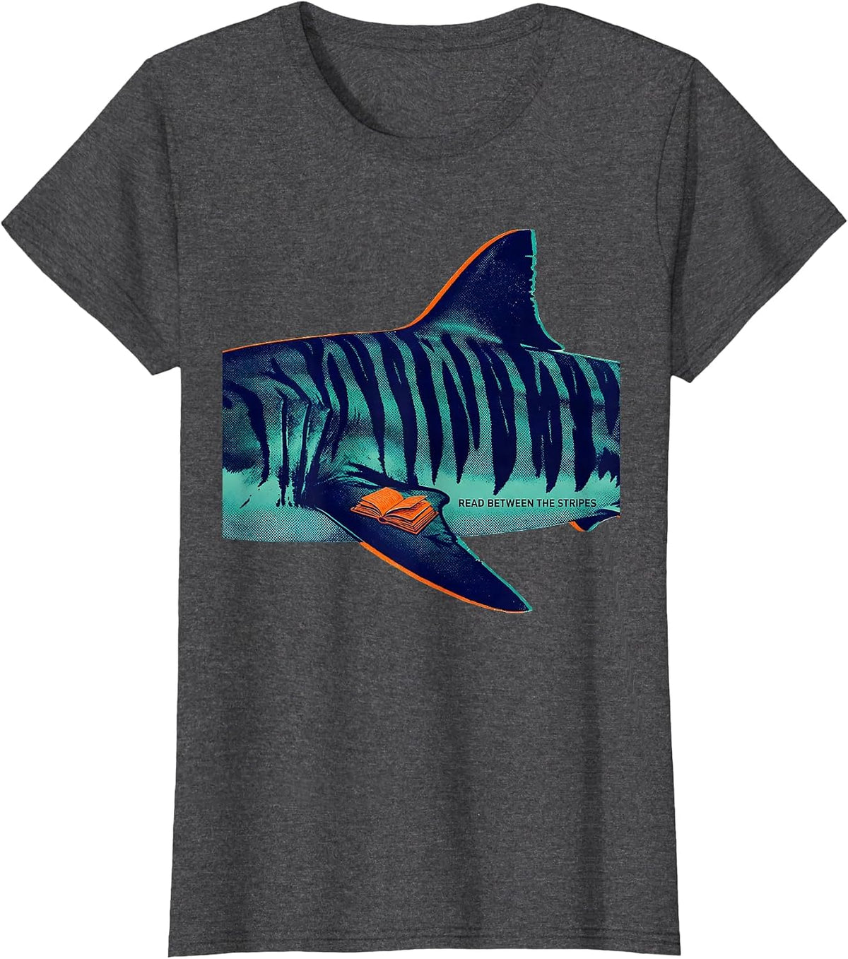 Women's Read Between The Stripes Funny Shark Lover Marine Biology T-Shirt - Dark Heather Grey