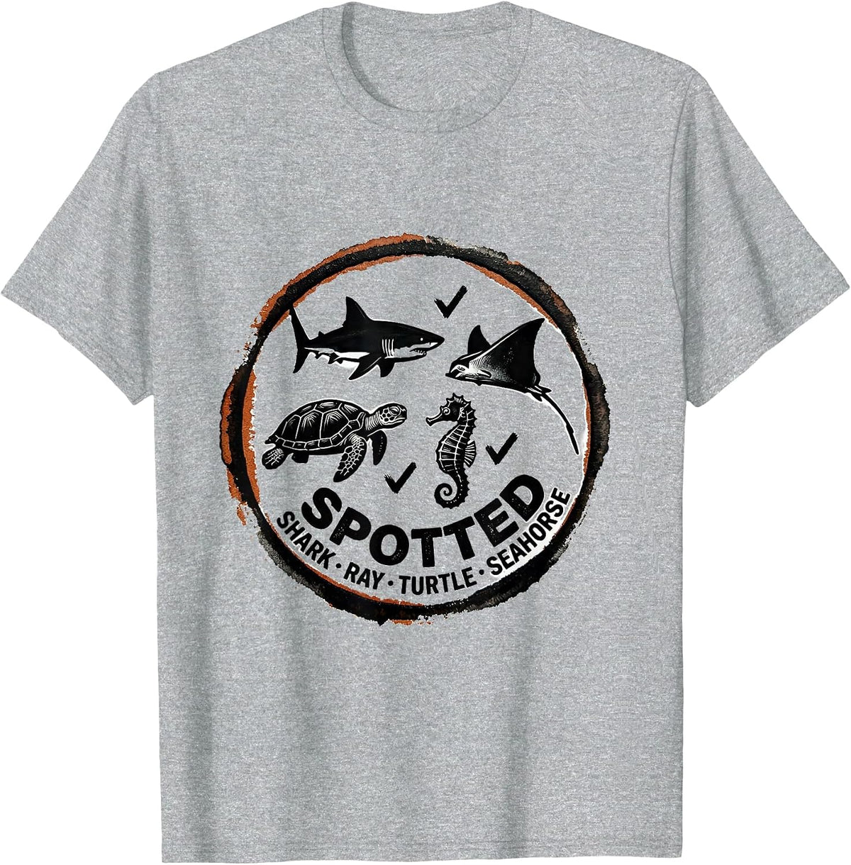Men's Spotted: Shark, Ray, Turtle, Seahorse Vintage Rubber Stamp T-Shirt - Heather Grey