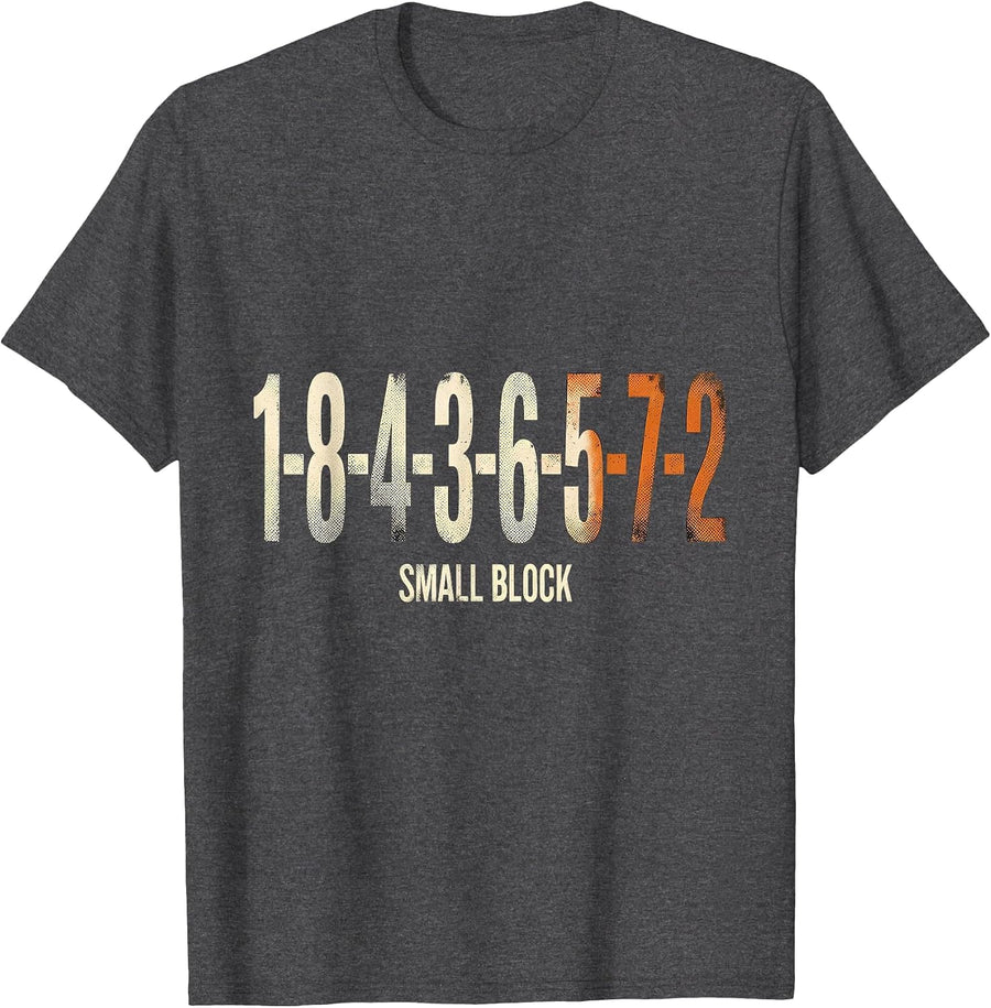 Men's 1-8-4-3-6-5-7-2 Small Block Funny Mechanic Car Engine Humor T-Shirt - Dark Heather Grey