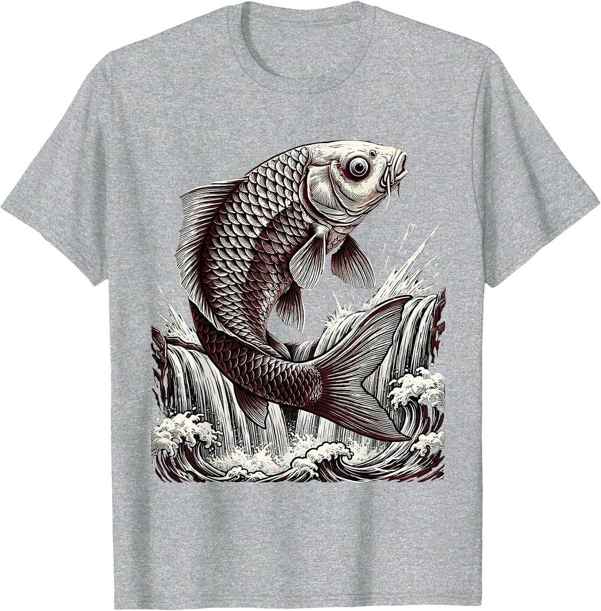 Men's Giant Koi Leaping Over Crashing Waterfall Anime T-Shirt - Heather Grey