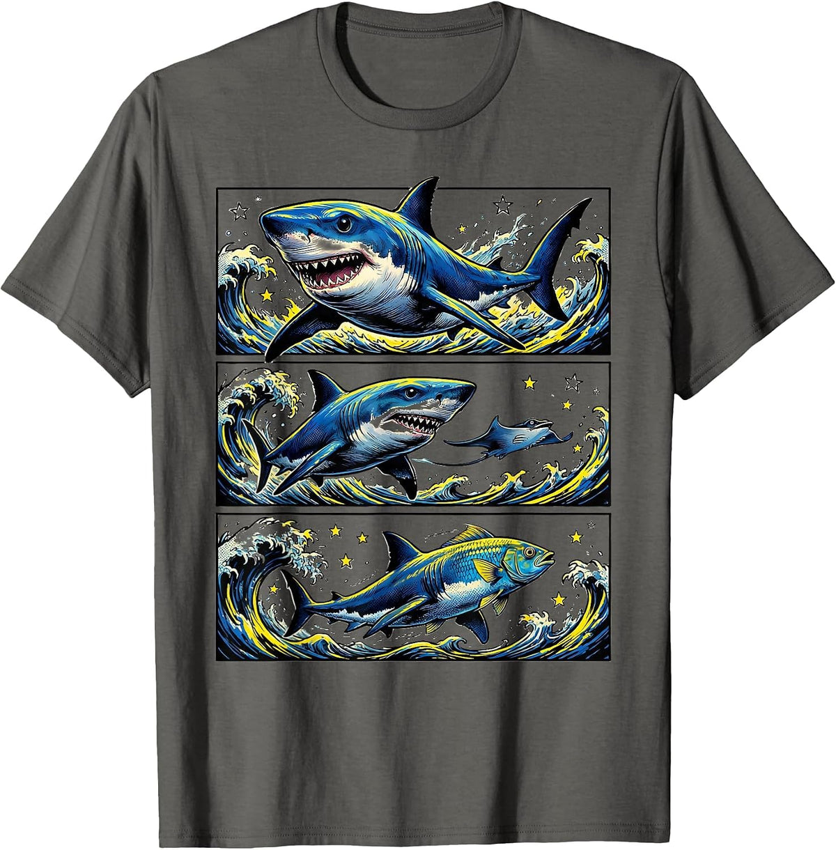 Men's Comic Blue Shark Parade Ocean Wildlife Humor T-Shirt - Asphalt Grey