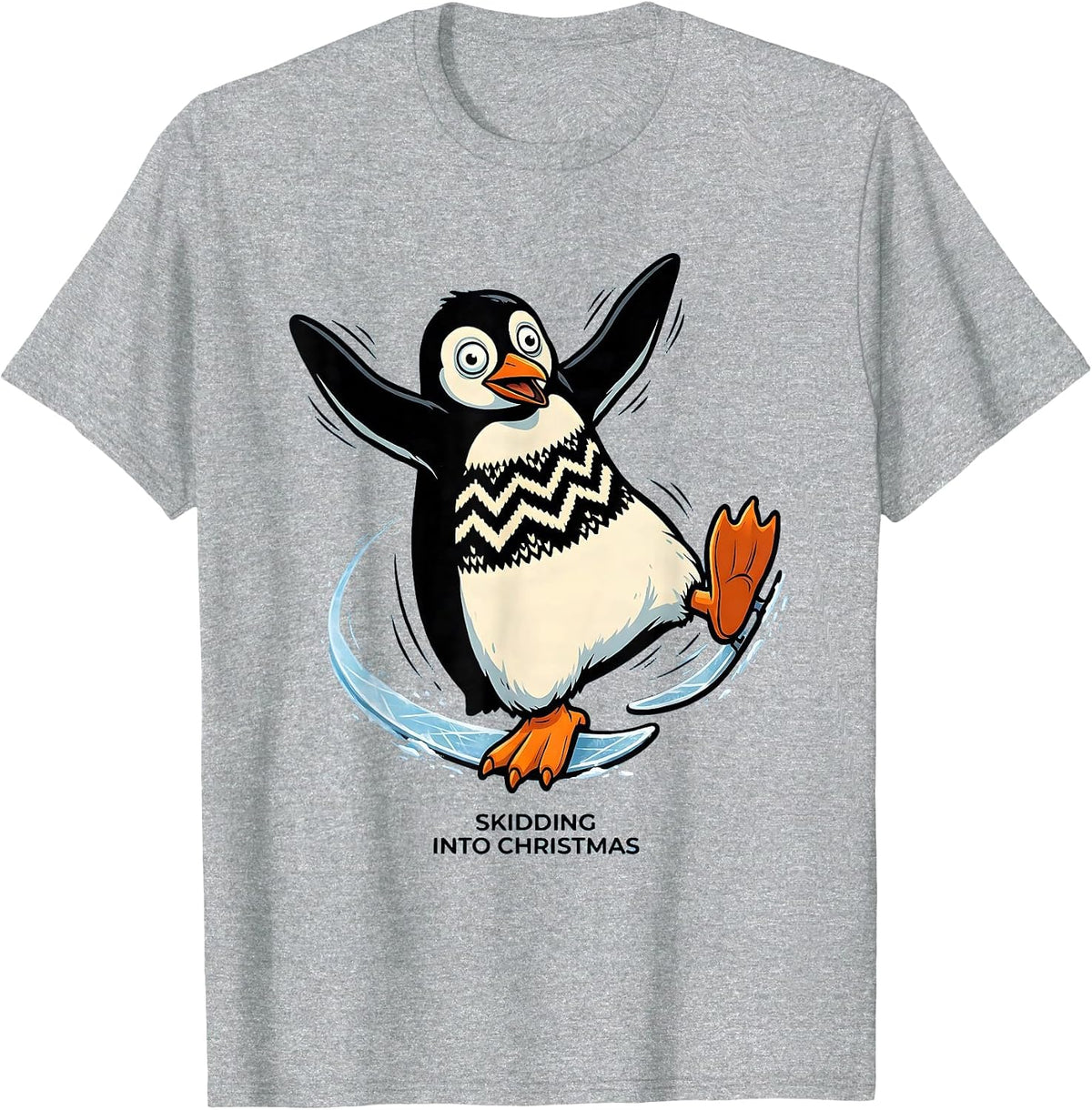 Men's Skidding Into Christmas Funny Ugly Christmas Penguin Novelty T-Shirt - Heather Grey
