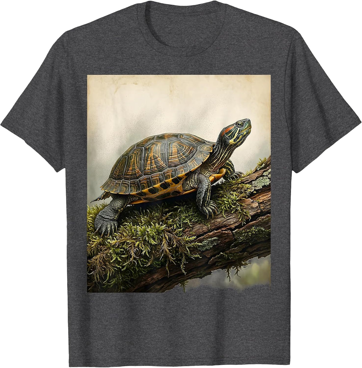 Men's Turtle on Mossy Log Foggy Nature Illustration T-Shirt - Dark Heather Grey