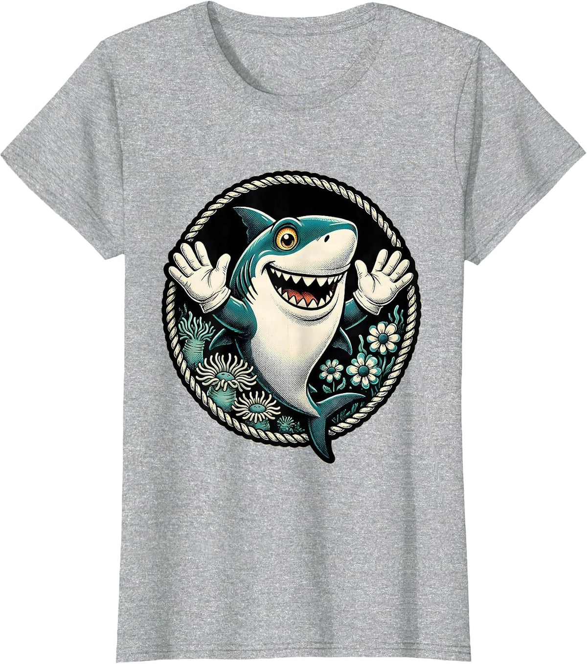 Women's Mommy Shark Floral Ocean Illustration T-Shirt - Heather Grey