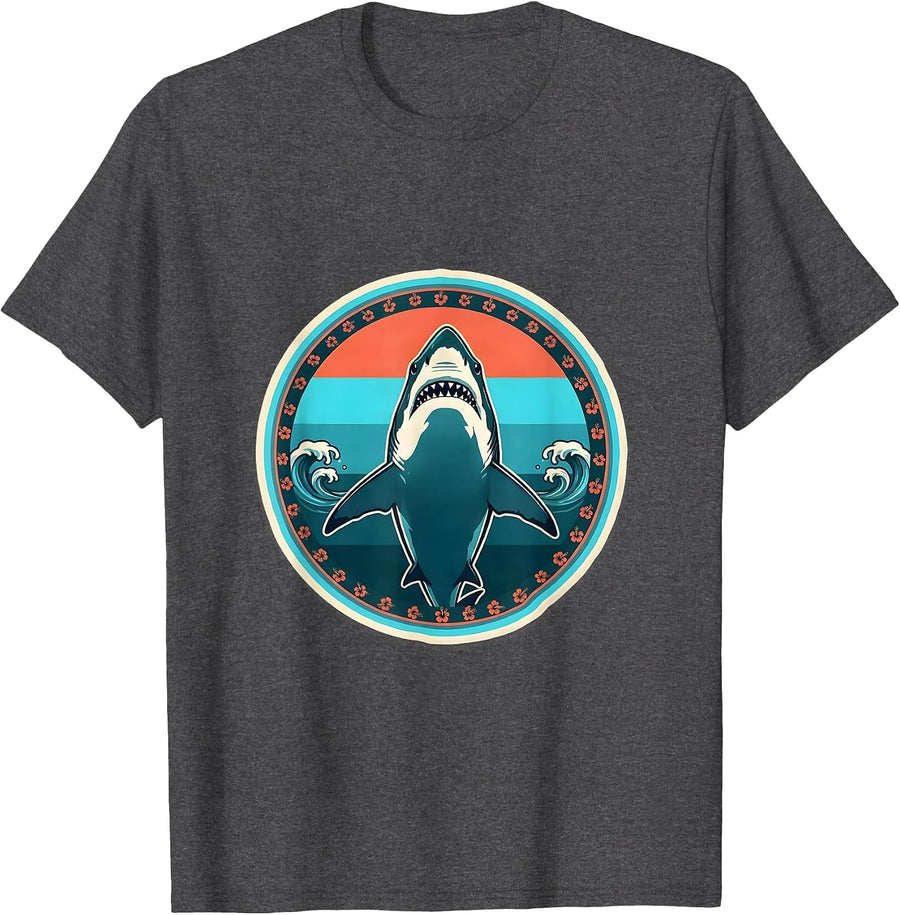 Men's Great White Shark Ocean Silhouette Hawaiian Design T-Shirt - Dark Heather Grey