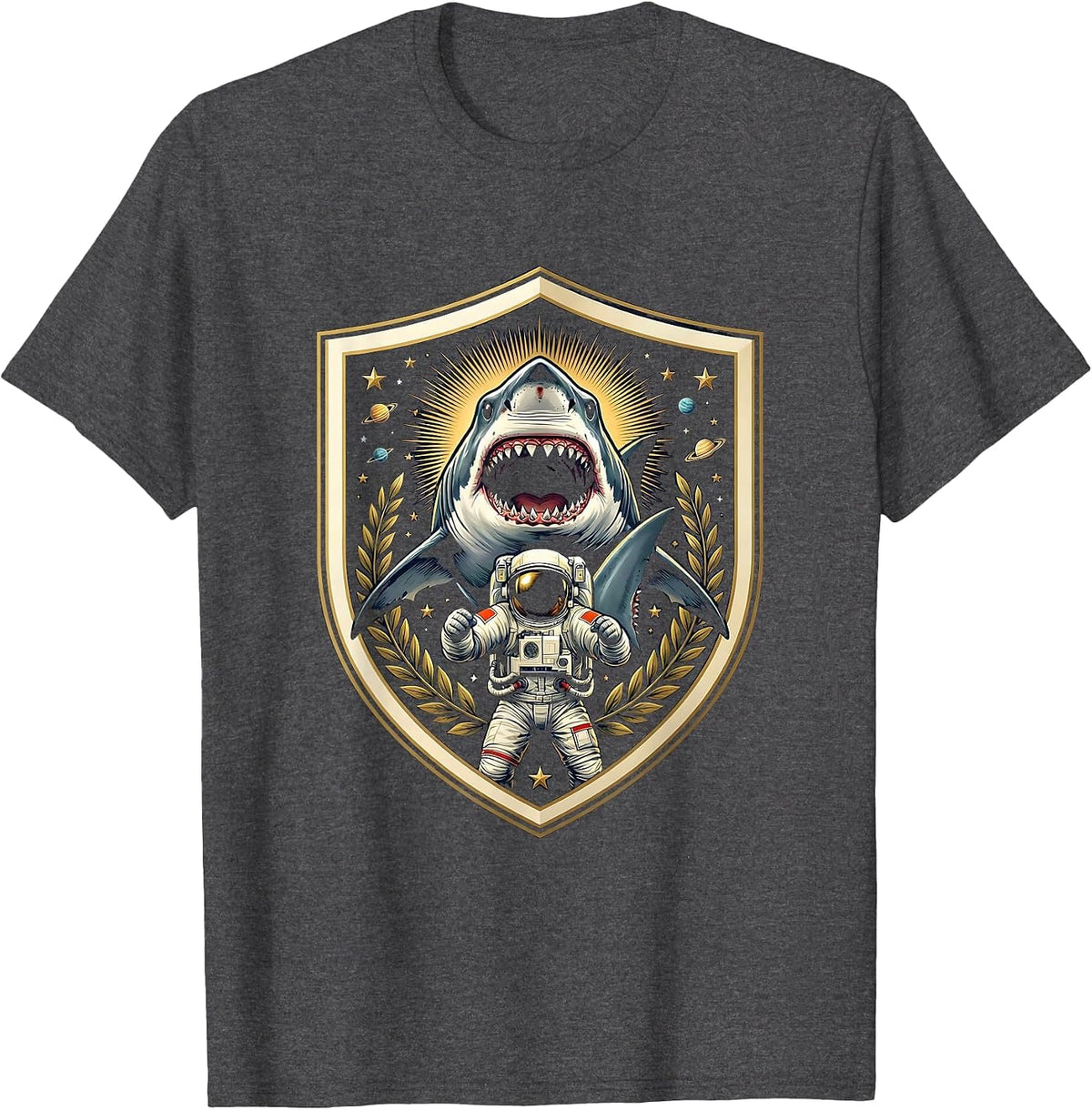 Astronaut Riding a Great White Shark T-Shirt - Dark Heather Grey