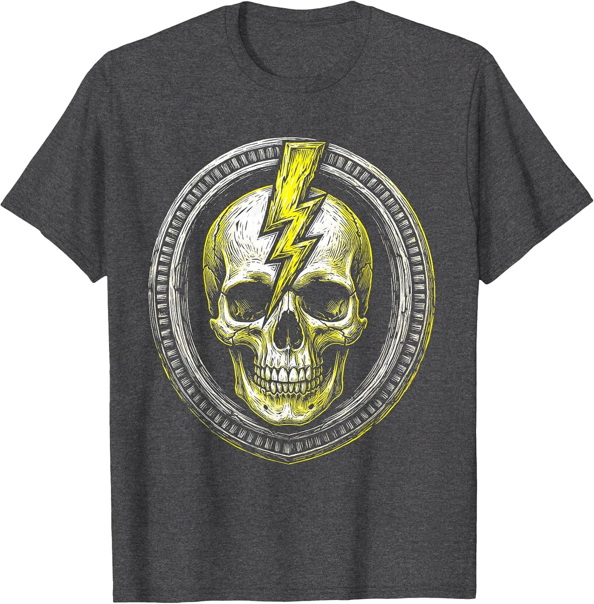 Skull Lightning Bolt Metal Band Graphic T-Shirt - Dark Heather Grey