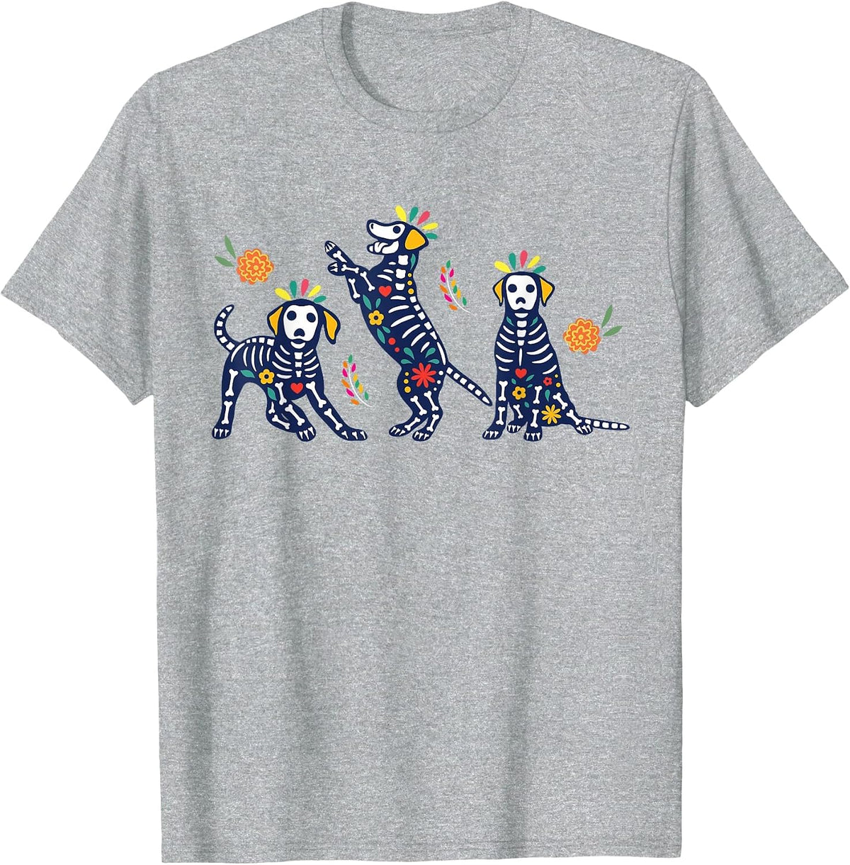 Day of the Dead Colorful Skeleton Dogs Mexican Halloween T-Shirt - Heather Grey