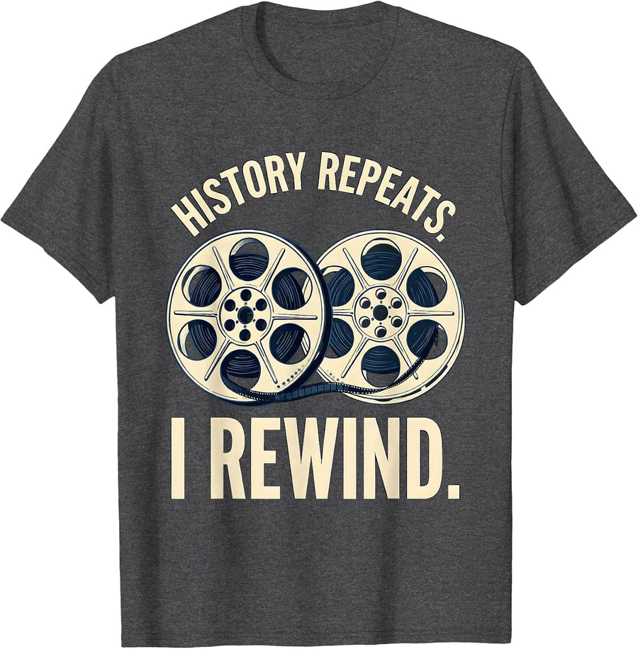 Men's History Repeats I Rewind Funny History Teacher Back To T-Shirt - Dark Heather Grey