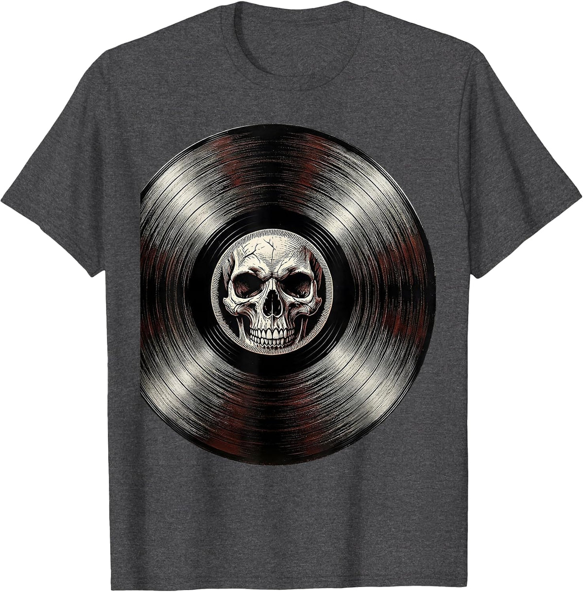 Skull Vinyl Record Rock Music Graphic Tee T-Shirt - Dark Heather Grey