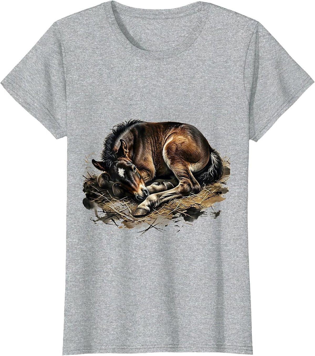 Sleeping Foal Curled Up in Hay Illustration T-Shirt - Heather Grey