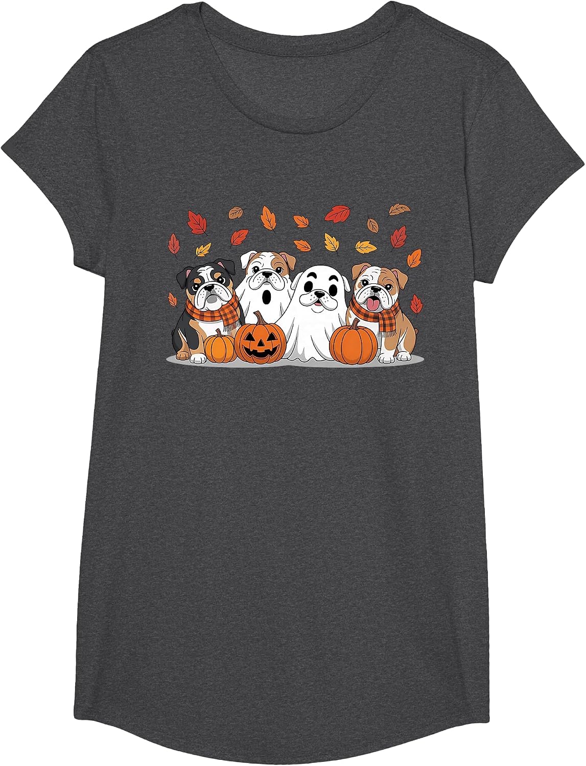 English Bulldog Ghost Fall Autumn Thanksgiving Halloween T-Shirt - Girls Dark Heather Grey