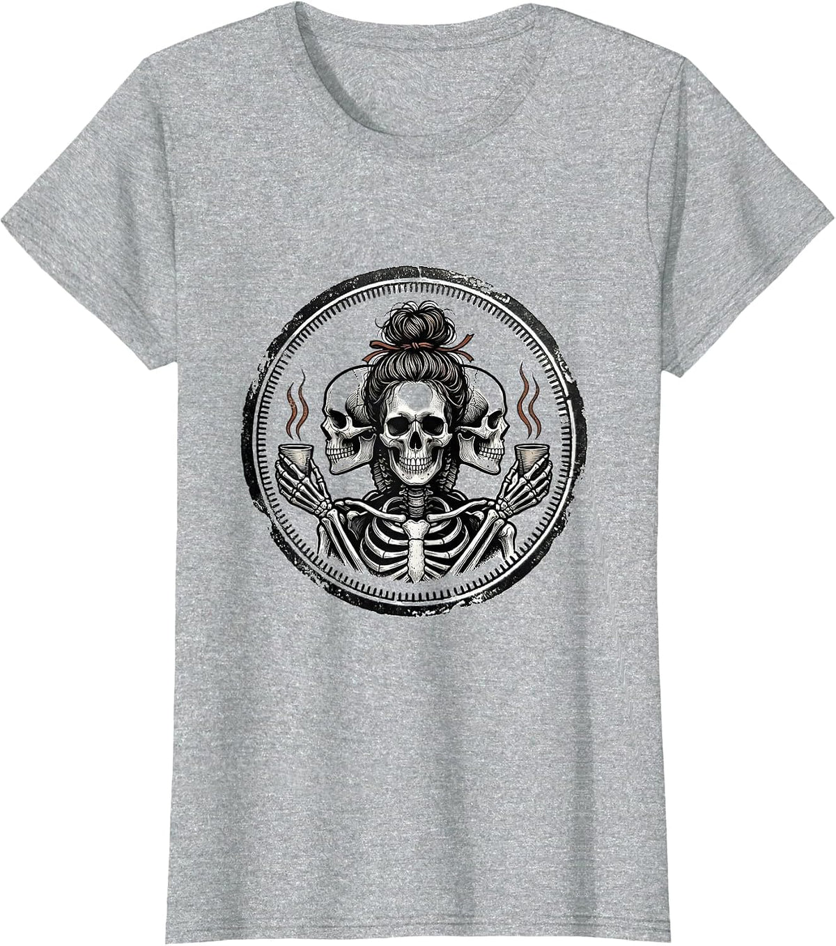 Messy Bun Skeleton Coffee Rubber Stamp Humor T-Shirt - Heather Grey