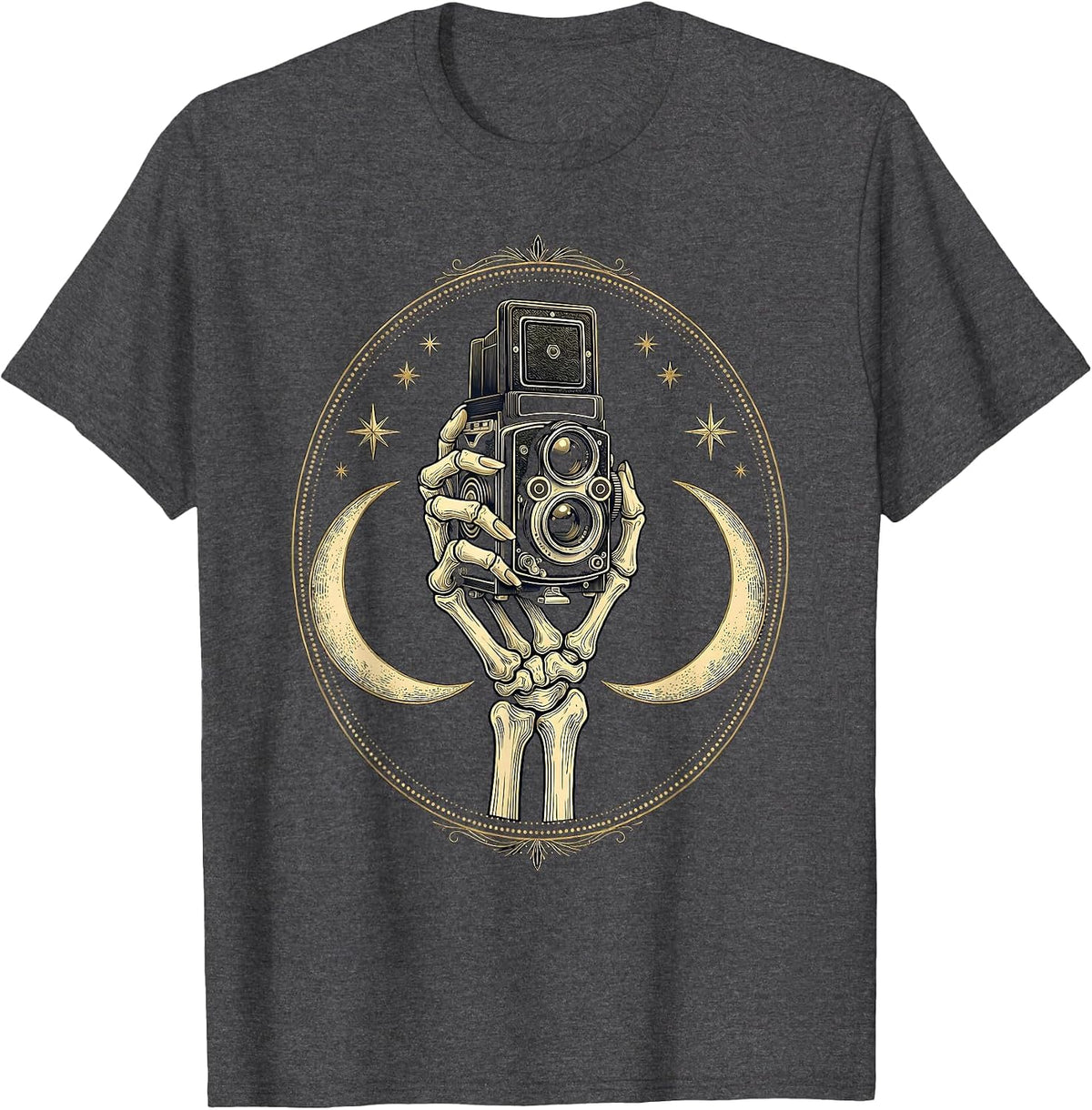 Men's Skeleton Hand Vintage Camera Photography Graphic T-Shirt - Dark Heather Grey