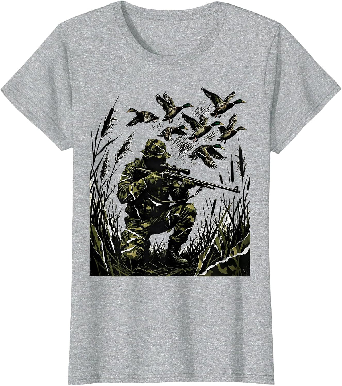 Camo Duck Hunter in the Reeds Illustration T-Shirt - Heather Grey