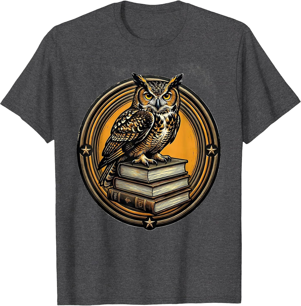 Men's Wise Owl Perched on Stack of Books Illustration T-Shirt - Dark Heather Grey