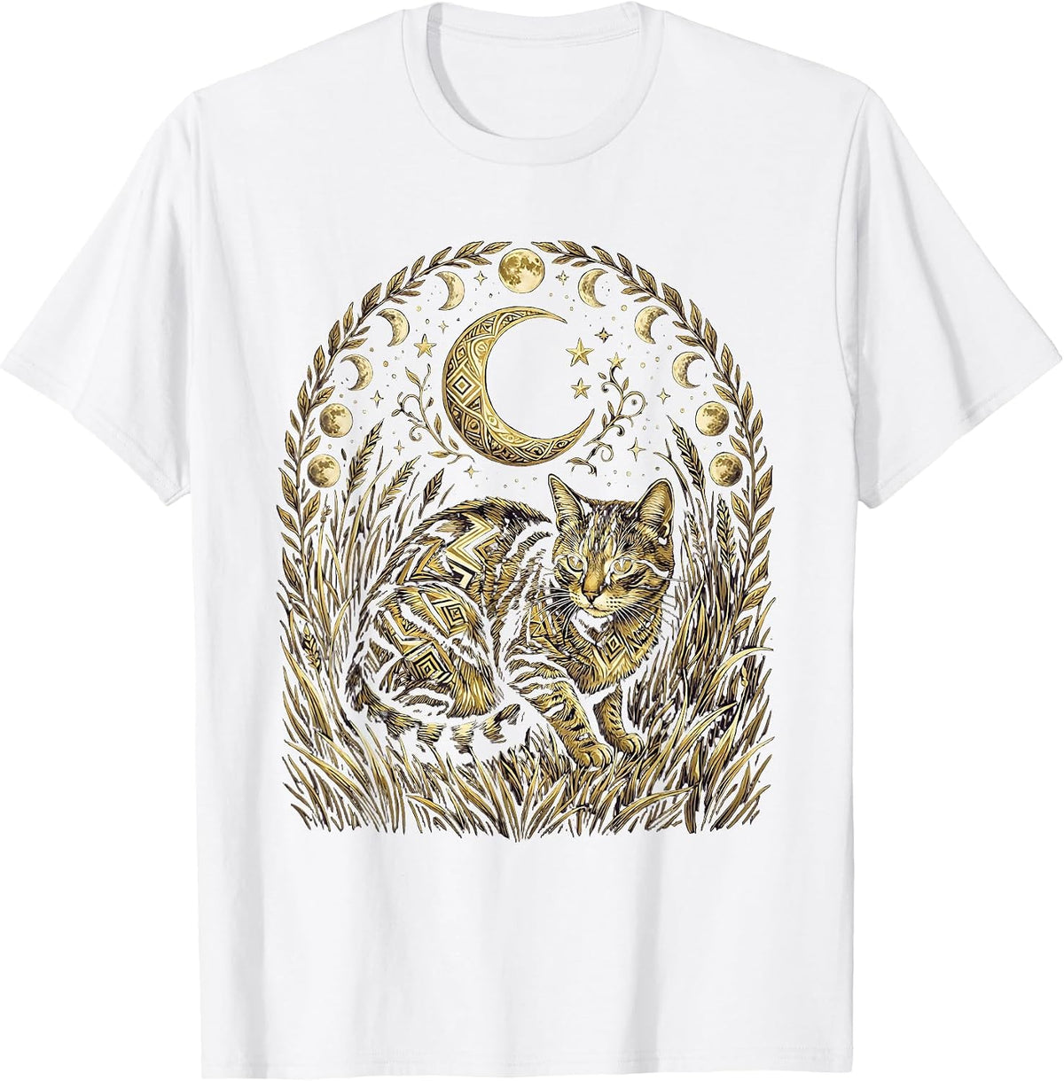 Men's Tabby Cat Stalking Through Tall Grass Illustration T-Shirt - White