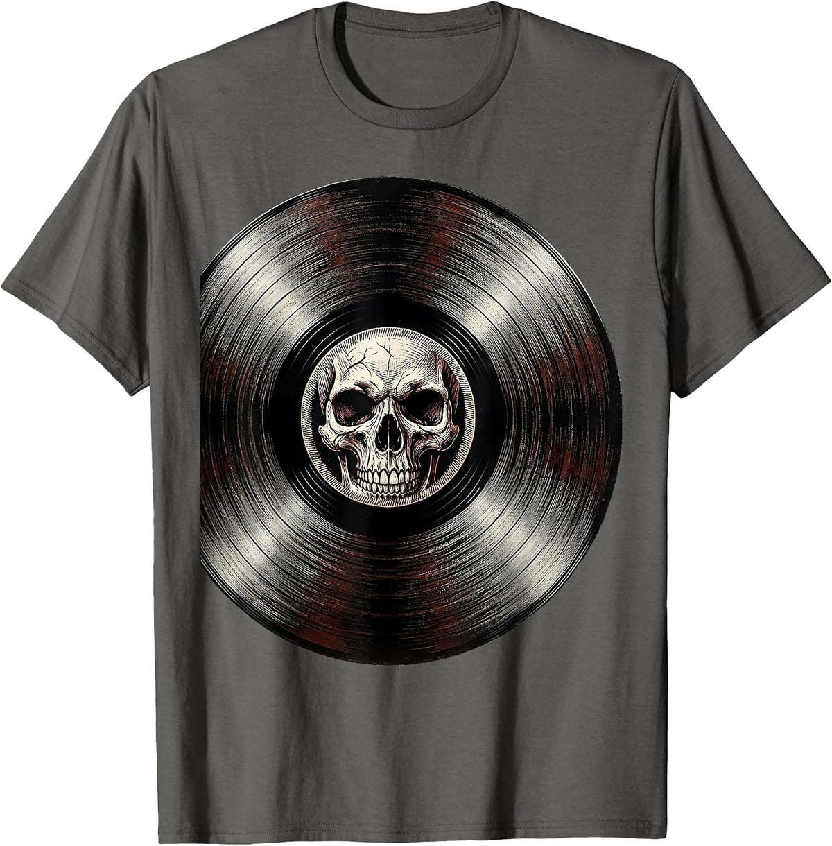 Skull Vinyl Record Rock Music Graphic Tee T-Shirt - Asphalt Grey