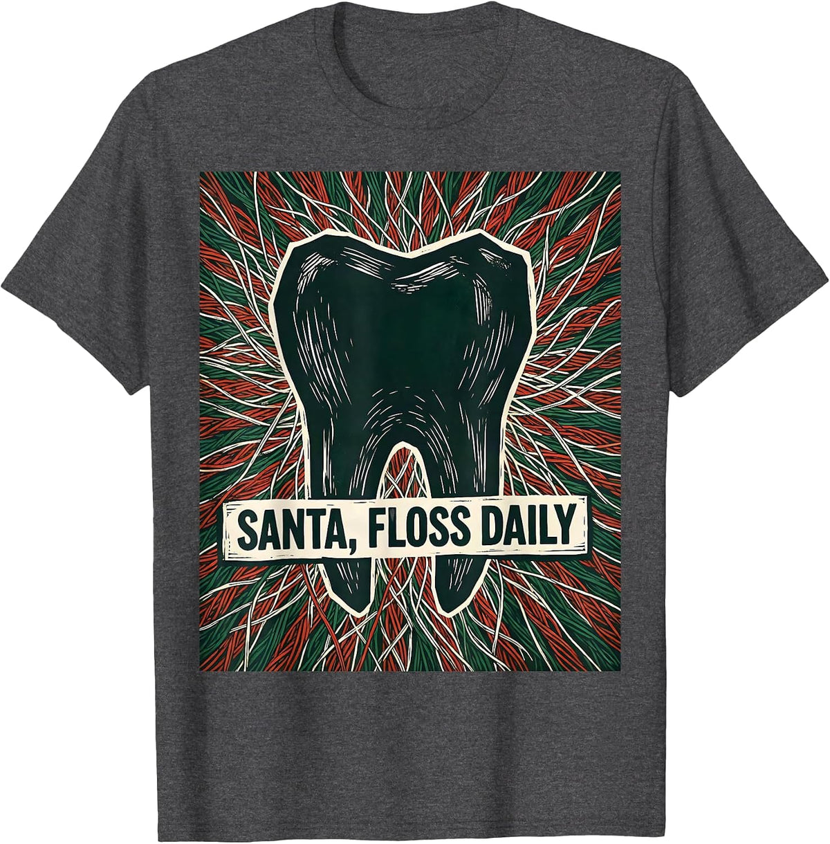 Men's Santa, Floss Daily Funny Dentist Christmas Dental Hygienist T-Shirt - Dark Heather Grey