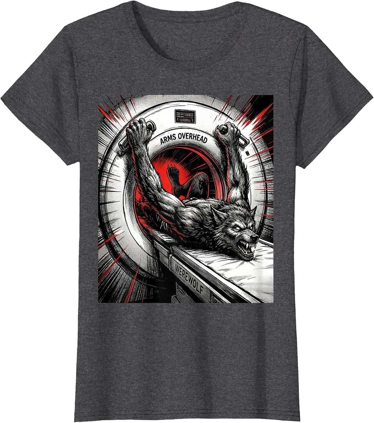 Women's Arms Overhead Werewolf Comic Book Radiology Tech Halloween T-Shirt - Dark Heather Grey