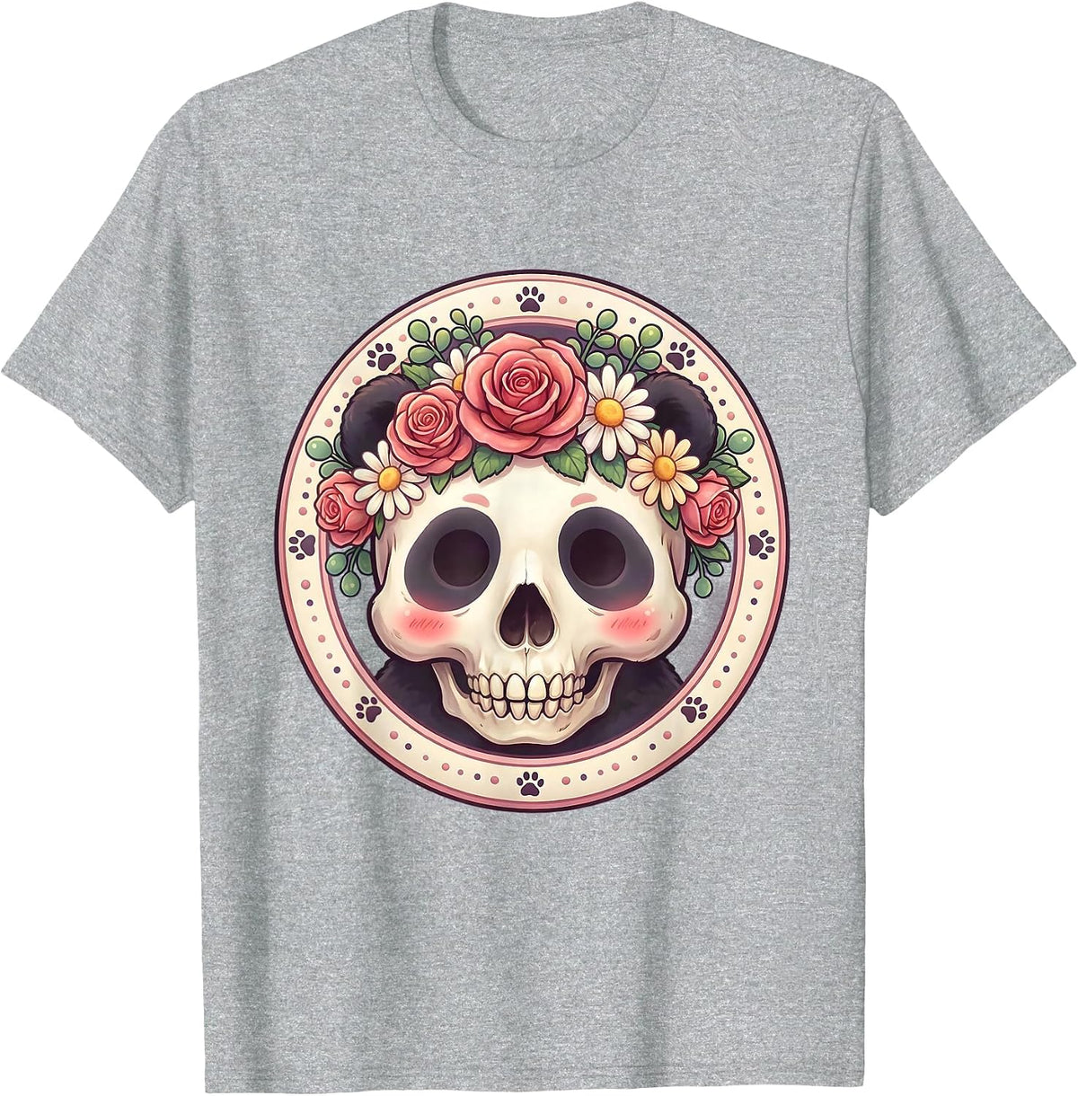Men's Panda Skull Floral Crown Dark Art Design T-Shirt - Heather Grey