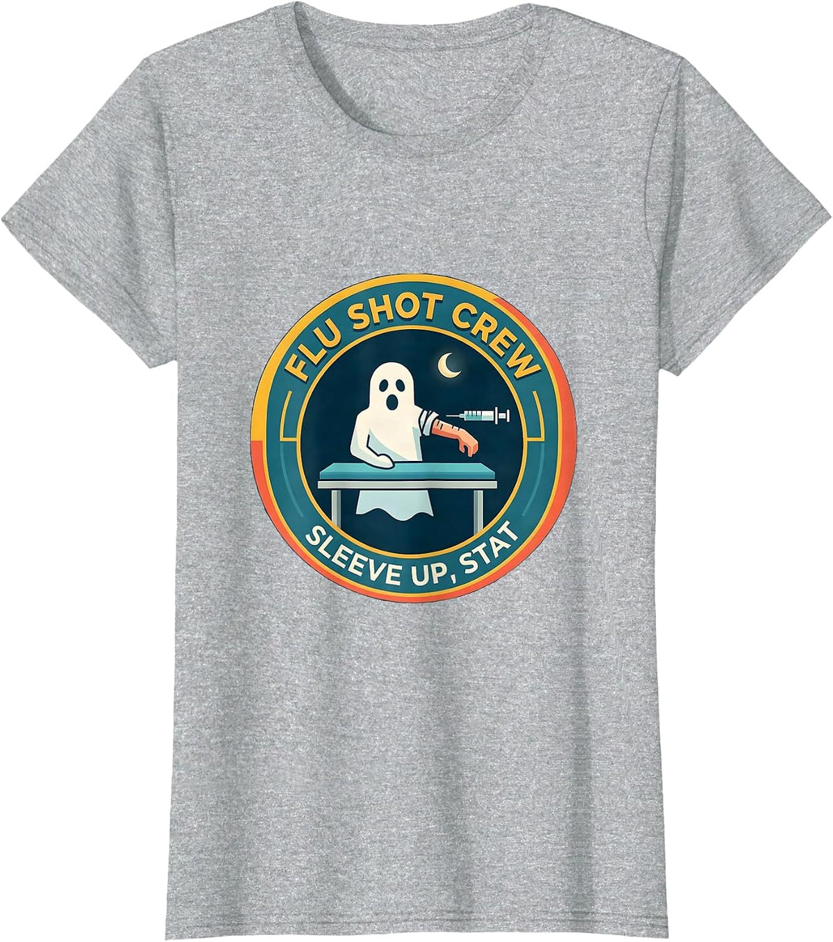 Flu Shot Crew Sleeve Up Stat Funny Halloween Nurse Ghost T-Shirt - Heather Grey