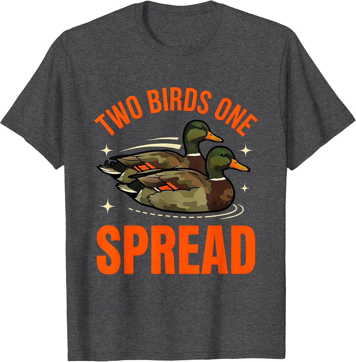 Men's TWO BIRDS ONE SPREAD Funny Duck Hunter Hunting Camp T-Shirt - Dark Heather Grey