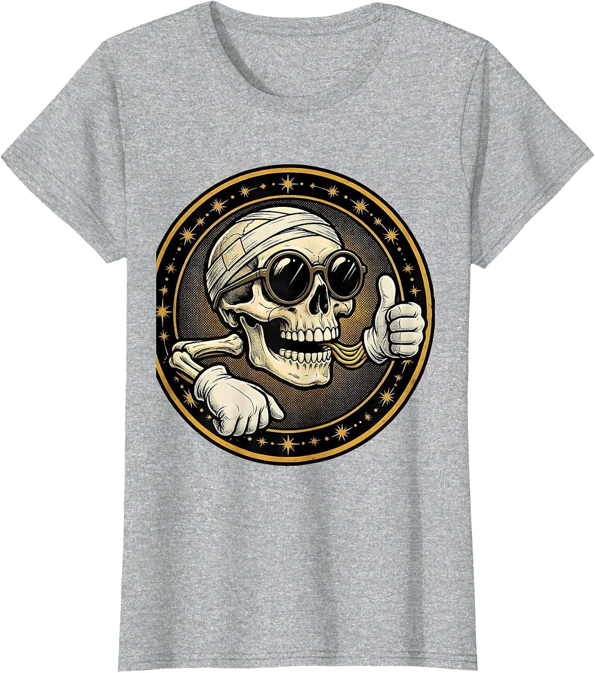Cool Skull Bandaged Sunglasses Grinning Graphic T-Shirt - Heather Grey