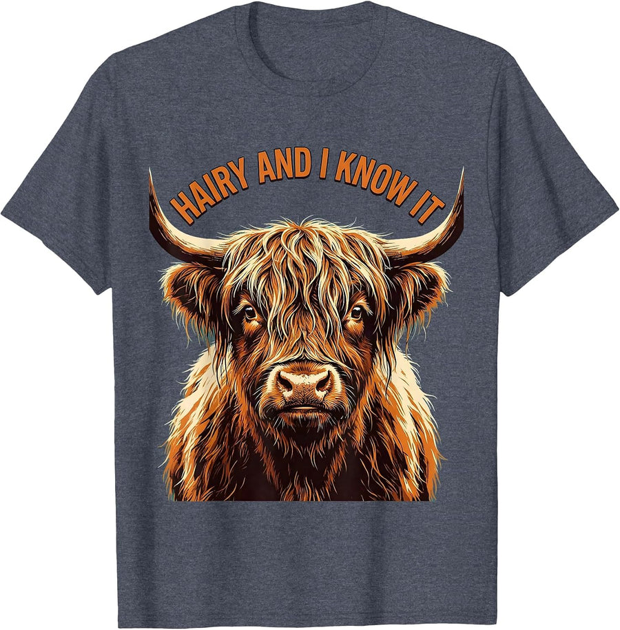 Hairy and I Know It Highland Cow Design T-Shirt - Heather Blue