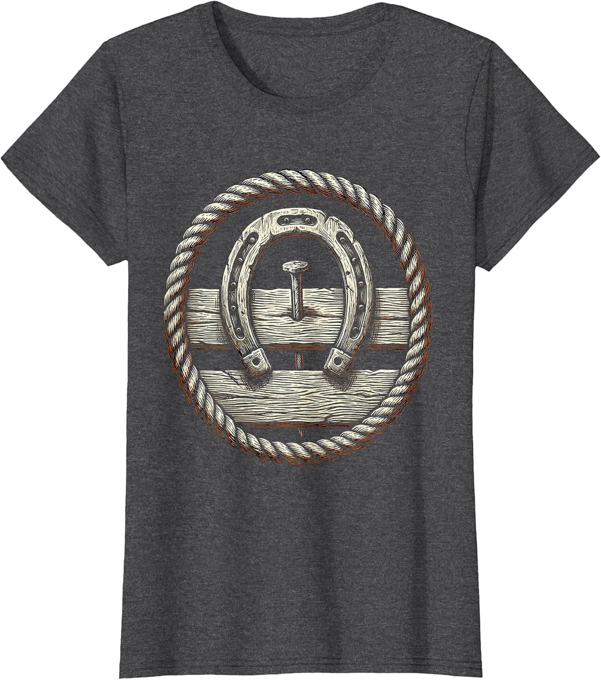 Women's Horseshoe on Weathered Wooden Fence Graphic T-Shirt - Dark Heather Grey