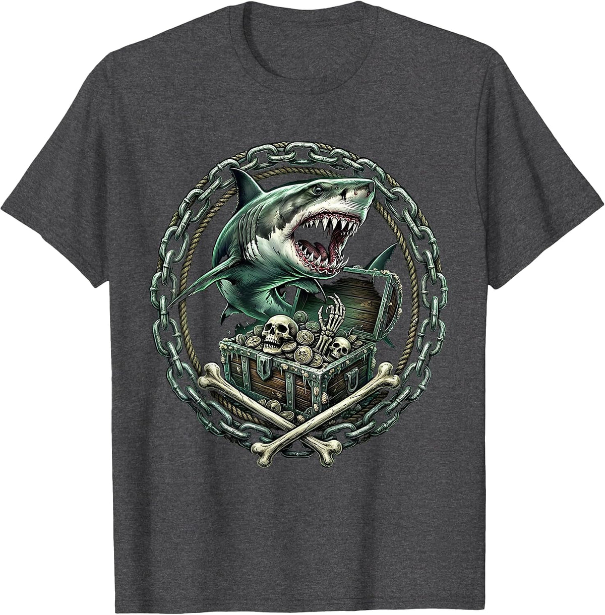 Tiger Shark Coiling Around Treasure Chest T-Shirt - Dark Heather Grey