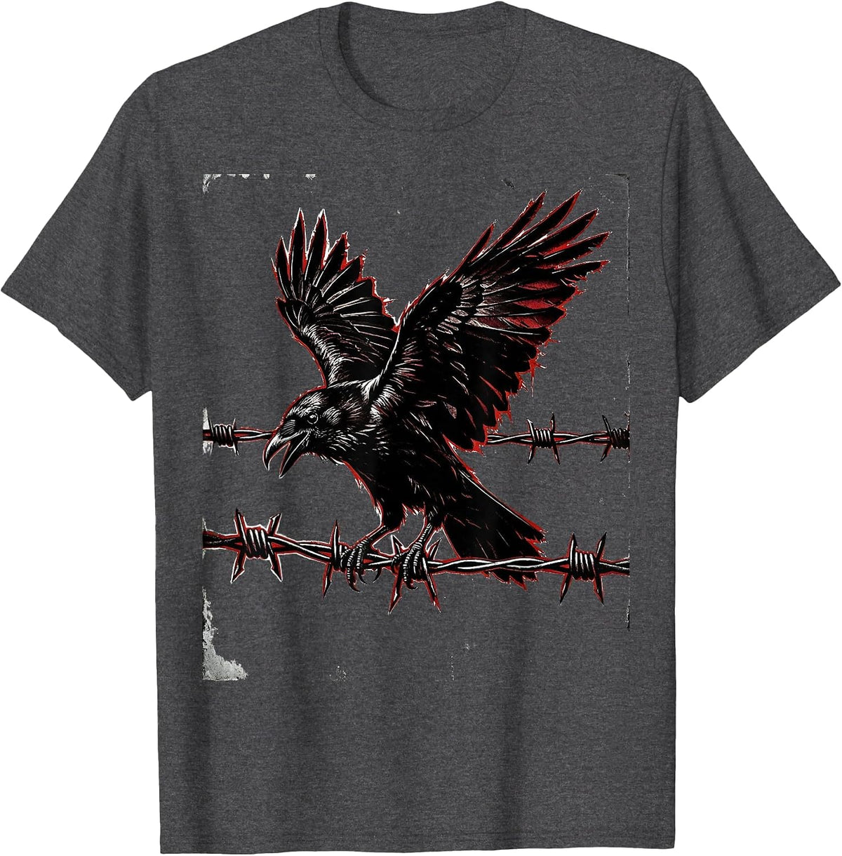 Punk Rock Crow on Barbed Wire Illustration T-Shirt - Dark Heather Grey
