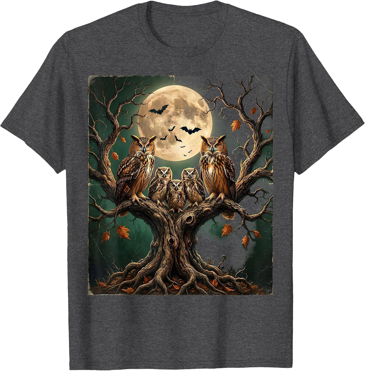 Owl Family Halloween Gnarled Tree Illustration T-Shirt - Dark Heather Grey