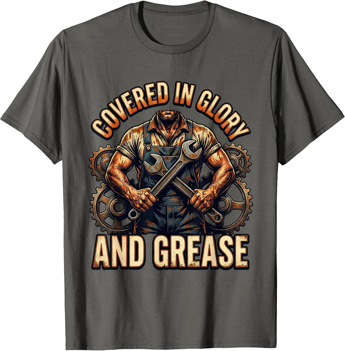 Men's Covered in Glory and Grease Mechanic Design T-Shirt - Asphalt Grey