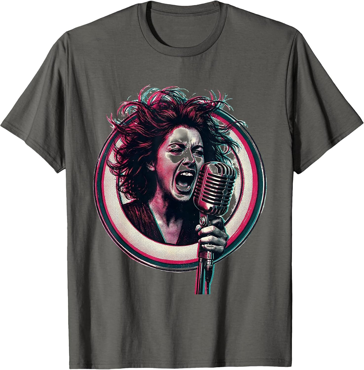 Band Women Lead Singer Vintage Microphone Graphic T-Shirt - Asphalt Grey