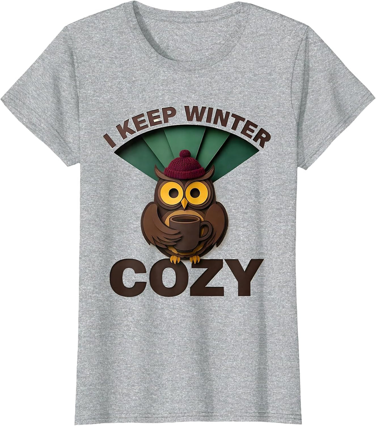 I Keep Winter Cozy Paper Cutout Owl Coffee Lover Winter T-Shirt - Heather Grey