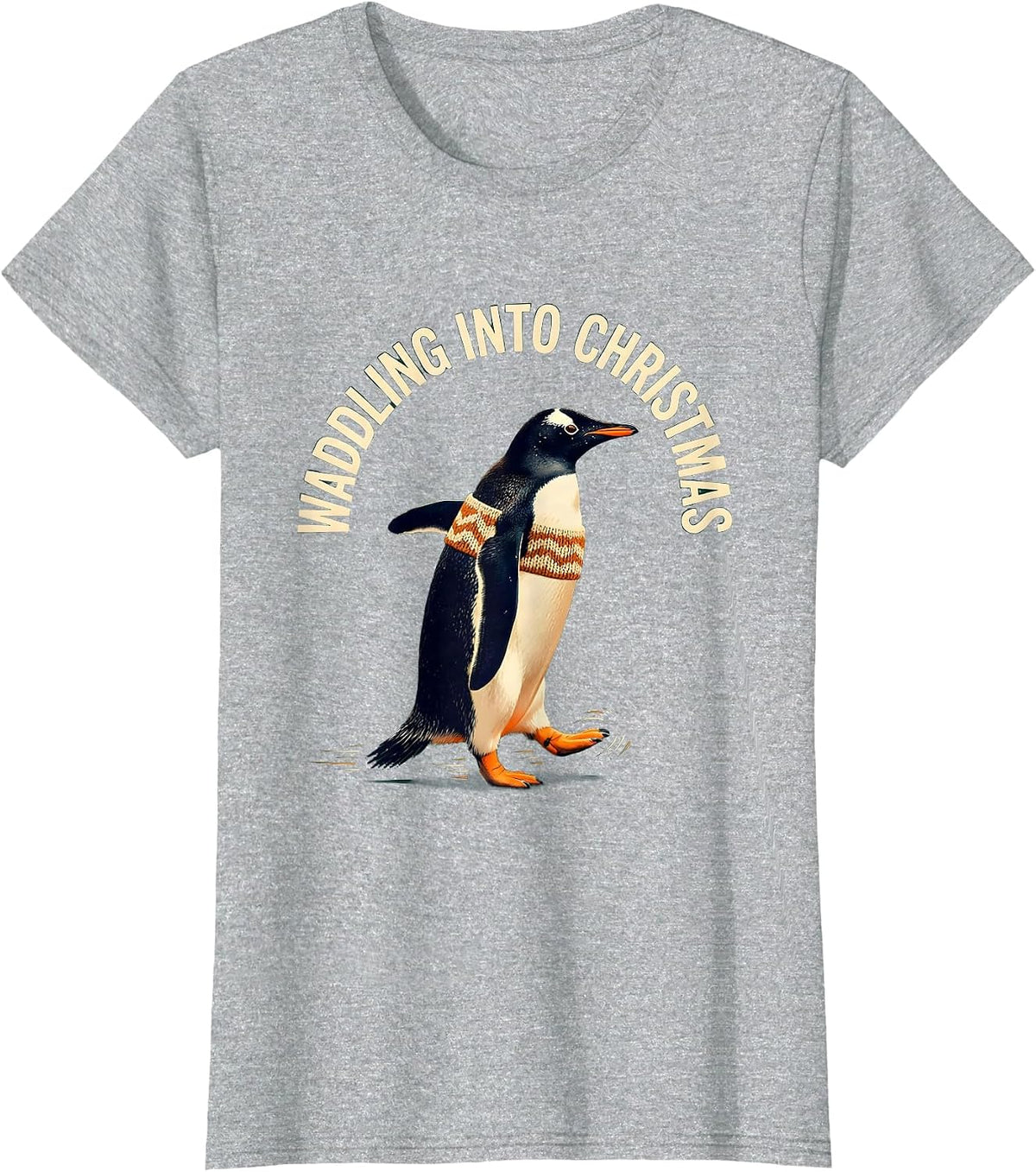 Women's Waddling Into Christmas Funny Penguin Lover Ugly Christmas T-Shirt - Heather Grey