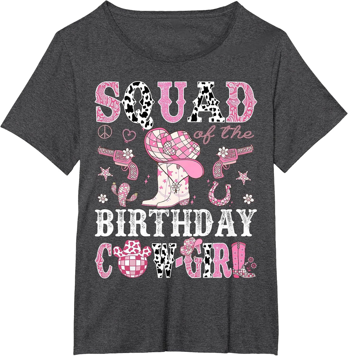 Squad of The Birthday Cow-Girl Pink Disco Rodeo Western T-Shirt - Dark Heather Grey