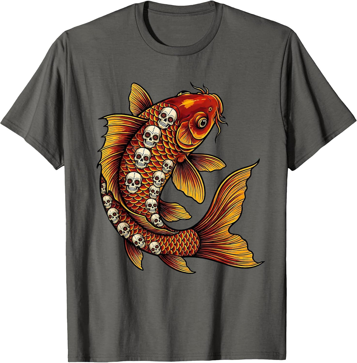 Dia de los Muertos Sugar Skull Koi Fish Art T-Shirt - Asphalt Grey