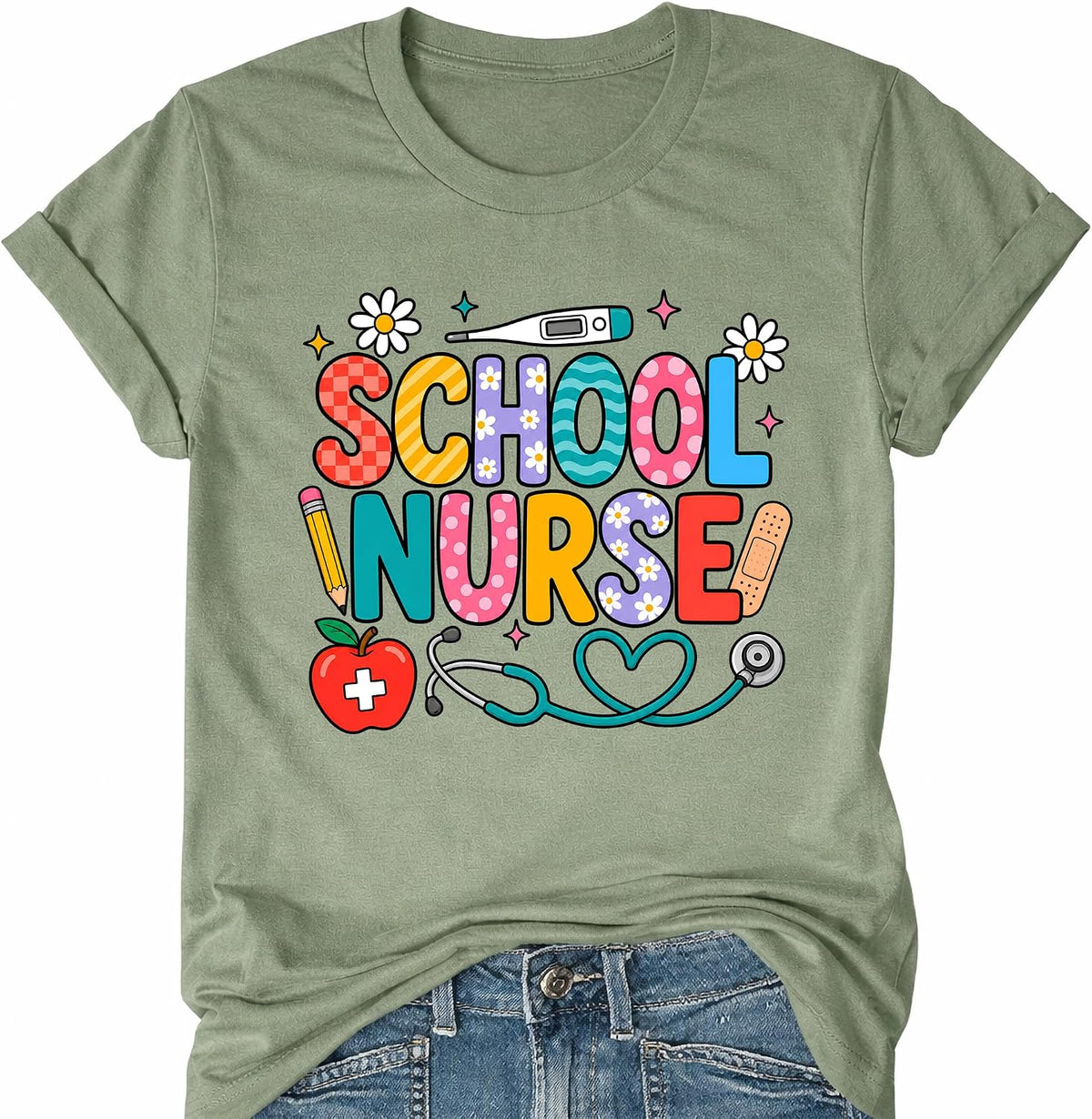 Nurse Shirt School Nurse Tshirt Back to School Shirt Nursing Life T-Shirts - Green Crewneck